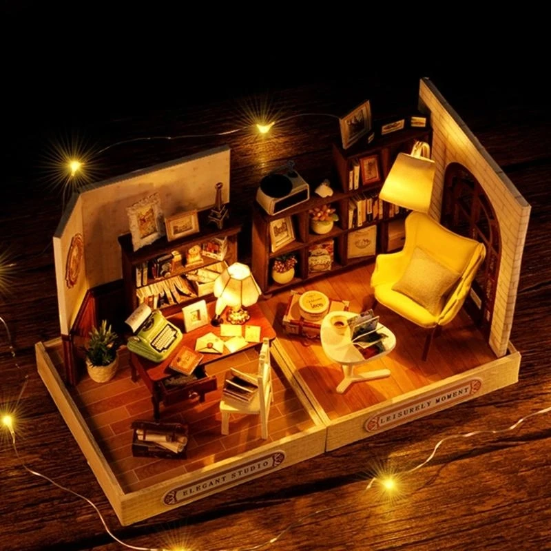 modello mini casa per case delle bambole in miniatura fai-da-te con mobili e luci a LED 15UB