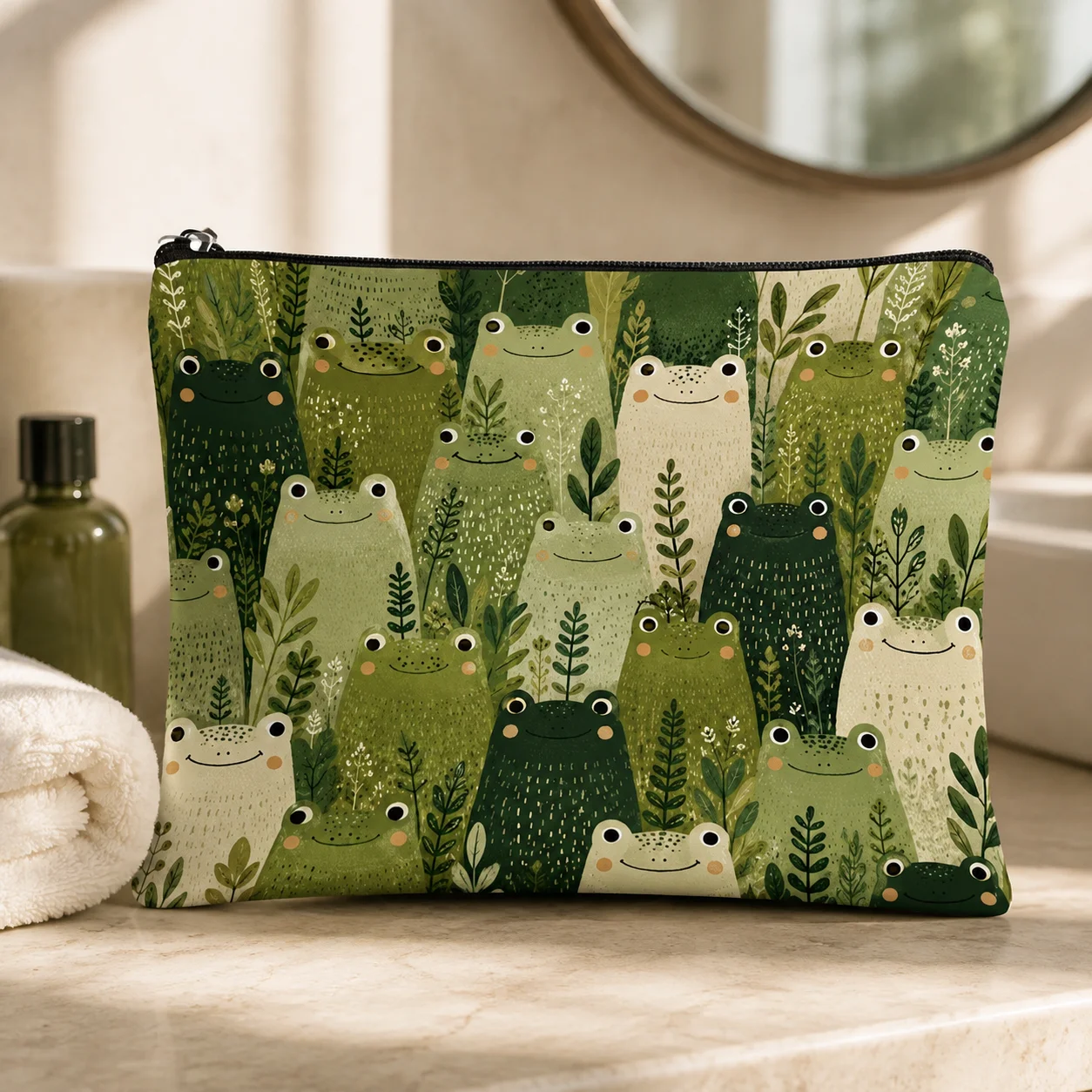 Cute Frog Forest Cosmetic Bag Green Botanical Frog‑Family Print Canvas Makeup Pouch Portable Travel Toiletry Storage Purse