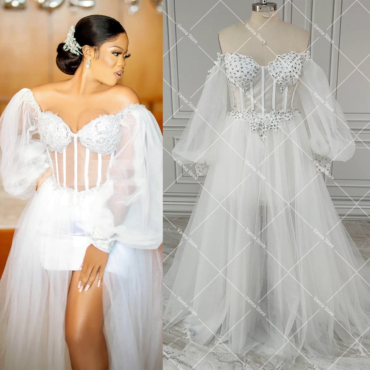 Vestidos de novia camisero transparentes con mangas largas de obispo personalizados, escote en forma de corazón, apliques de cuentas de Dubái, Fotos reales, vestido de novia