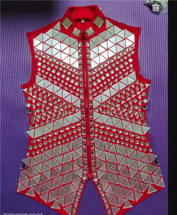 Glitter Mirror Rhinestone Waistcoat Sequin Crystal Vest Coat For Male Singer Bar Concert Stage Performance Drummer Dance Costume