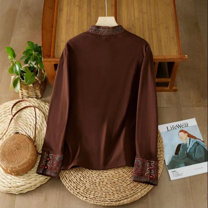 가을 겨울 신상 민족 스타일 여성용 레트로 문학 자수 하이 칼라 긴팔 티셔츠
