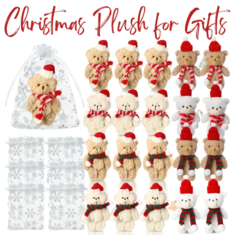 

12-48Pcs Christmas Stuffed Animals Mini Teddy Bears Bulk with Organza Bags for Christmas Party Favors Xmas Tree Decor