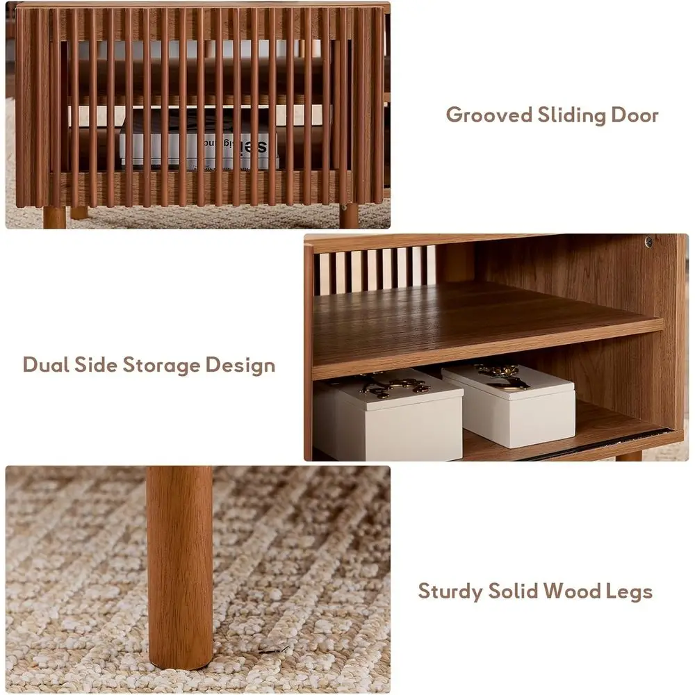 Mid-Century Walnut Coffee Table with Storage, Sliding Door & Open Shelves for Living Room