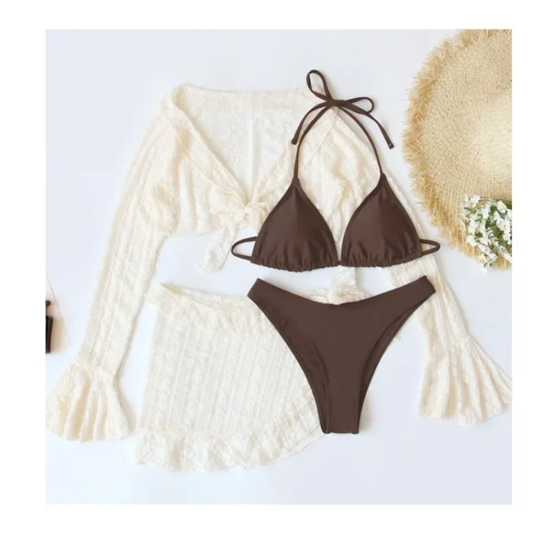 2025 Vierteiliger Badeanzug zum Schwimmen, Sommer, Strand, Dreieck, Körbchenrücken, Knoten, Bikini-Set, Femelle, Glockenärmel, Cover-Up-Set, brasilianische Badebekleidung