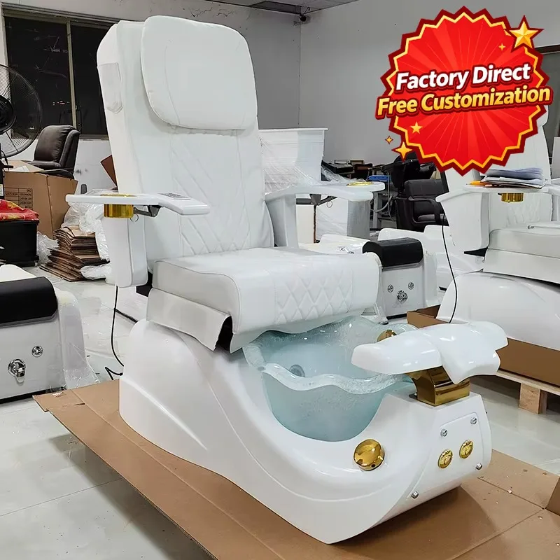 Pedicure Spa Chair Luxury Leather Nail Chair Holographic Glass Foot Basin Glossy Tray Armrest Cup Holder