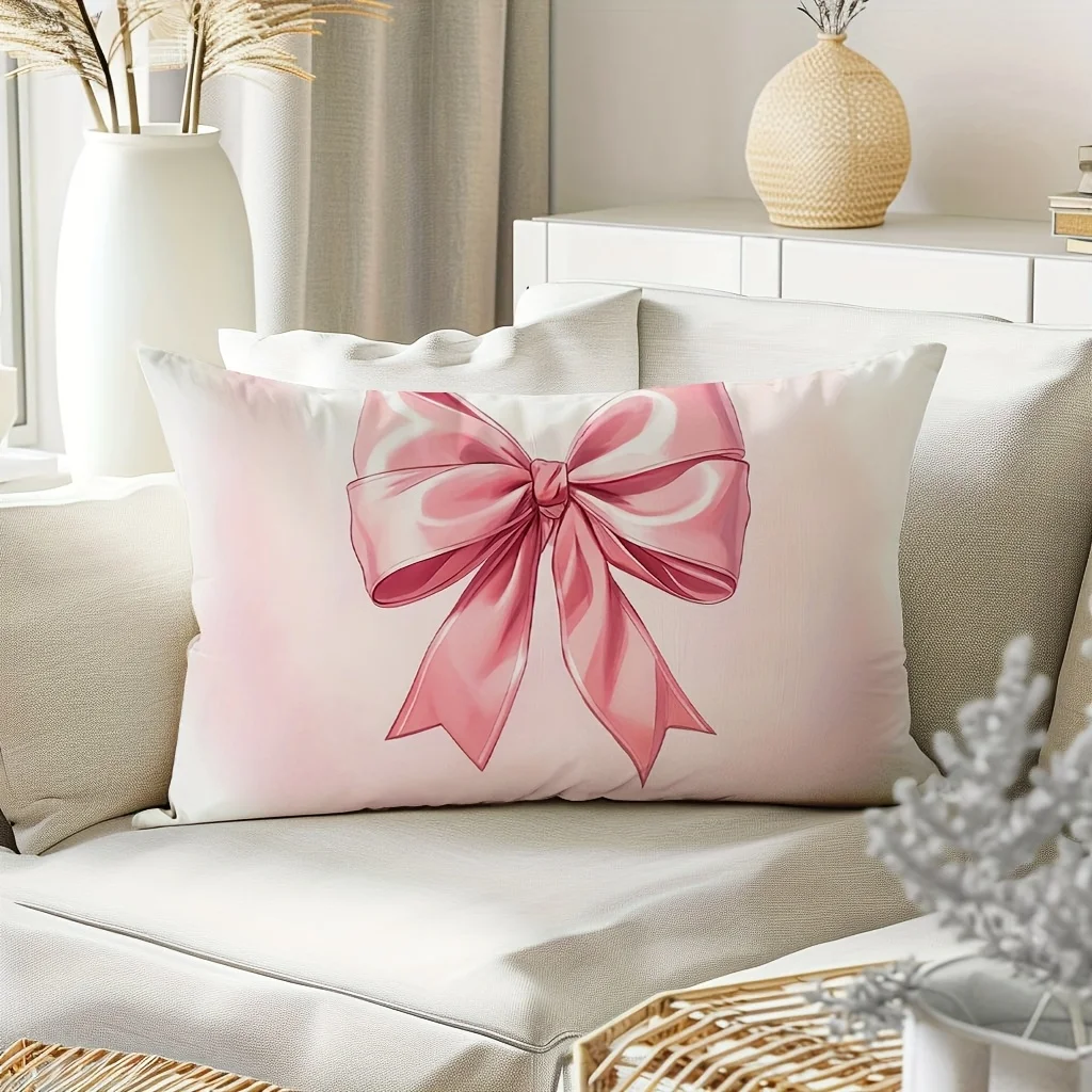 1pc Pink Bow Printed Lumbar Pillow Cover,Suitable for Sofa,Bedroom,Living Room,Girl's Room,Romantic Gift for Sweet Style Lovers.
