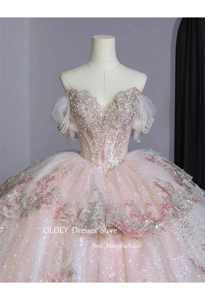 OLOEY Sparkly Princess Pink 3D Flowers Wedding Dresses Korea Photoshoot Off Shoulder Tulle Ball Gowns Bride Gowns Party Evening