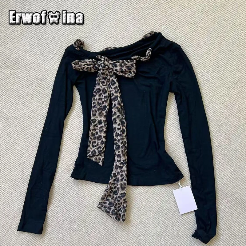 

Erwofeina Hotsweet Женский топ с косым воротником на шнуровке с бантом и леопардовым принтом Одежда 2000-х годов Y2k Тонкая шикарная футболка Корейские модные футболки