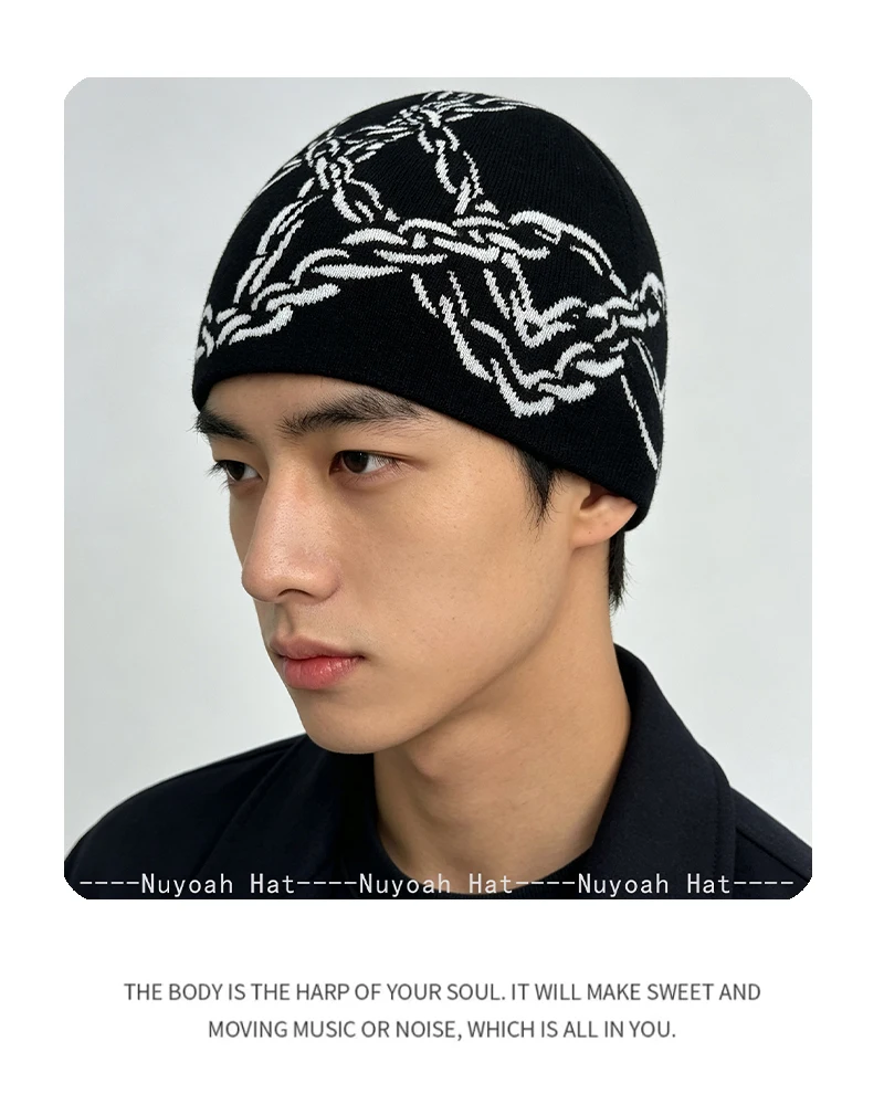 Neue Herren- und Damenmützen im Dark-Style, Hip-Hop-Jacquard-Kettenmuster, gestrickt, warm, Farbblock-Design, vielseitig, personalisierbar, für Outdoor- und Streetwear – Detail 6