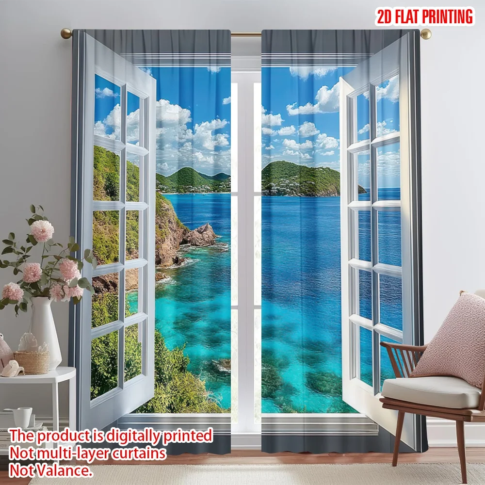 

2D flat printing 2pcs Scene Curtains Open Ocean View Digital Printed Polyester Drapes Holiday Decorations Use for Holiday Home