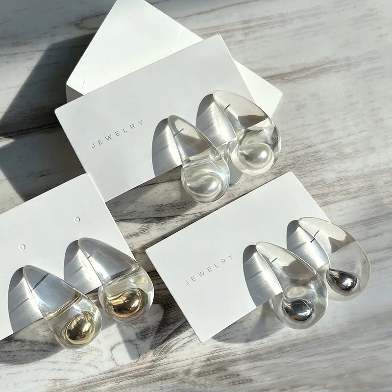 Kshmir Fashion Transparent Metal Copper Ball Pearl Water Drop Earrings for Women European American Personality Unique Jewelry