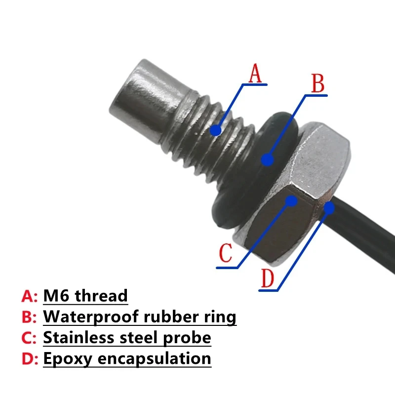 Sensore di temperatura filettato TZW M6 Sonda in acciaio inossidabile 304 10K 50K 100K B3950 1% Termistore NTC 50CM/1M