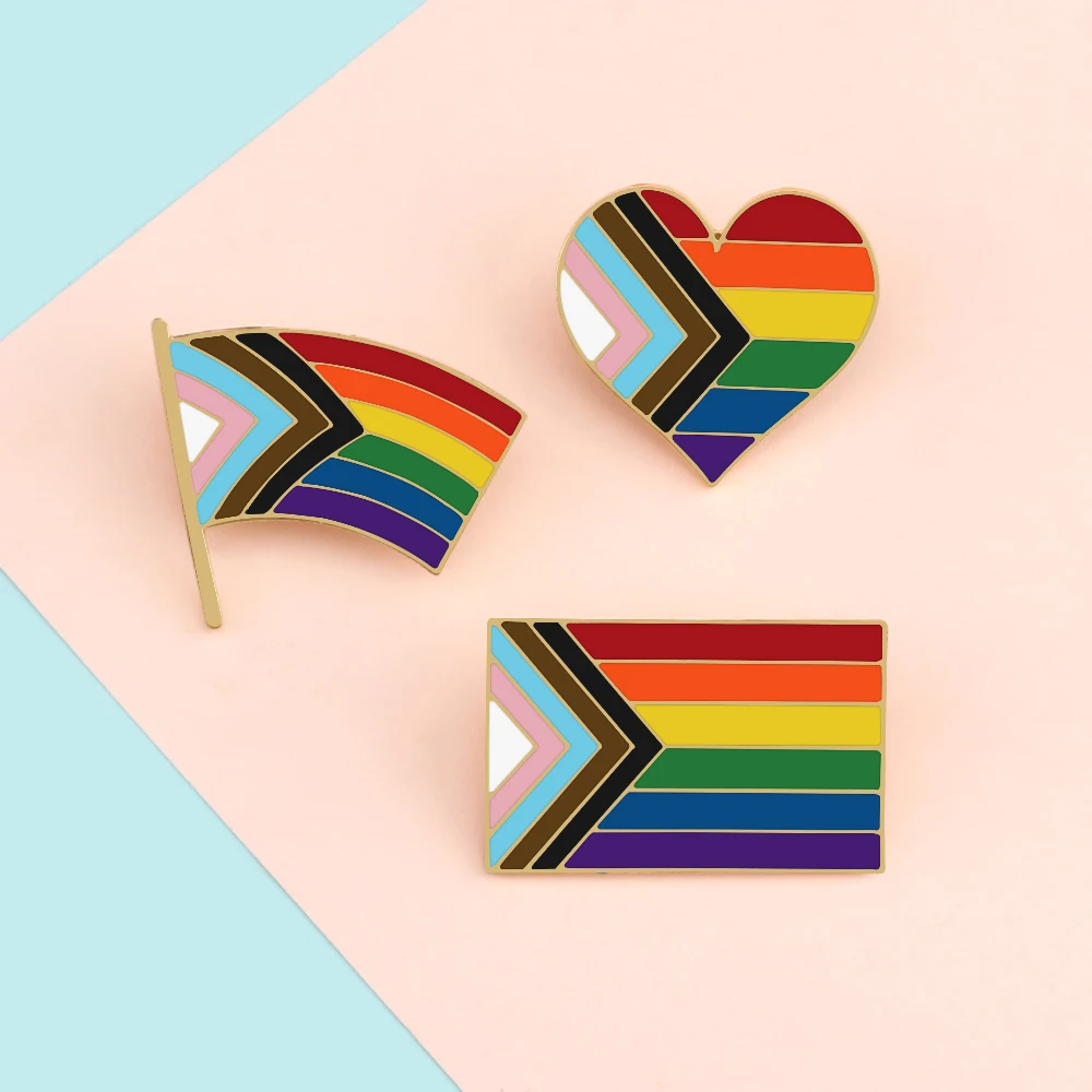 Progress Pride Enamel Pin LGBTQ Signal Rainbow Flag Heart Brooch Gay Lesbian Lapel Pins Custom Bag Denim Badge Men Jewelry Gifts