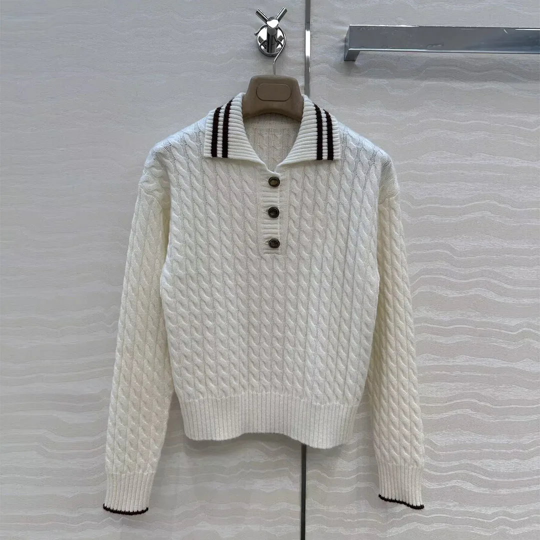 

Preppy Style Stripes Line Lapel Buttons Long Sleeve Knitted Sweater Women Loose Casual Twist Crochet Pullover Cute Autumn Jumper