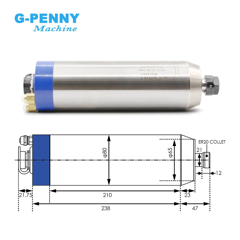 G-Penny New Arrival! 2.2kw ER20 D80 Water Cooled Spindle Bullet type 220v 380v Wood /Stone Working Water Cooling Spindle Motor