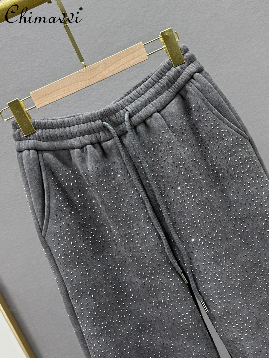 

Утепленные спортивные штаны на флисовой подкладке, женские зимние новые модные свободные тонкие брюки-шаровары с высокой талией и стразами, тяжелые шаровары со звездным небом