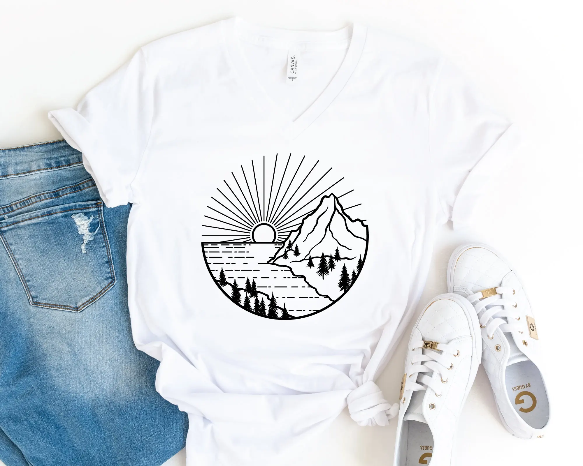 Vintage Simple Sun and Mountain Print Women T-shirt New Fashion Summer Outdoor Trip Comfort Female Shirt Trend Casual Girl Tee