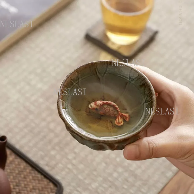 1pc Ice Crackle Glaze Ceramic Tea Cup with 3D Red Koi Fish Design Ru Kiln Style Teacup for Kung Fu Tea Ceremony and Collection