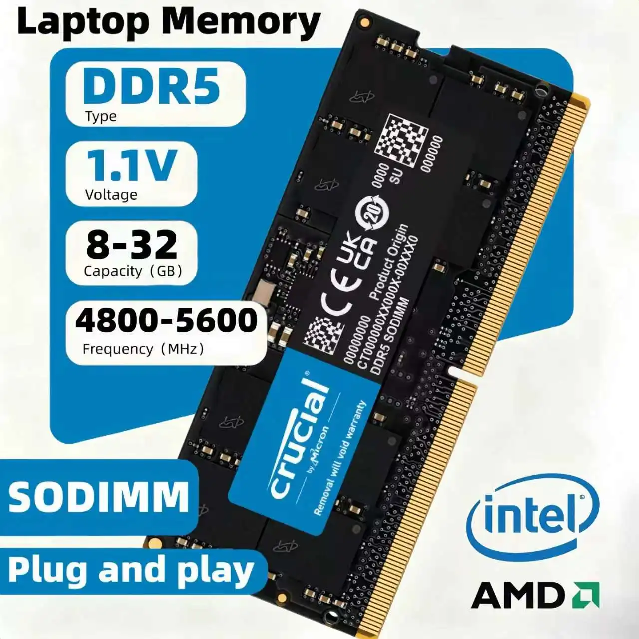 Crucial DDR5 SODIMM RAM 8GB 16GB 32GB 4800Mhz 5200Mhz 5600Mhz  Notebook  1.1V for Laptop Memory