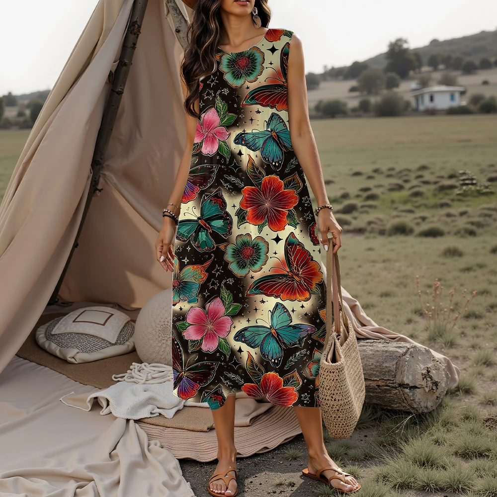 فستان نسائي جديد موديل 2025 بدون أكمام بنمط أوراق الزهور ملابس نسائية بدون أكمام تنورة طويلة
