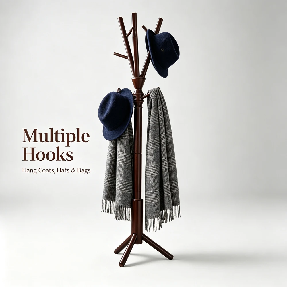 Solid Wood Coat Rack Freestanding Clothes Tree Light Walnut Brown Wax Finish Sturdy & Easy Assemble Space-Saving Hallway Stand