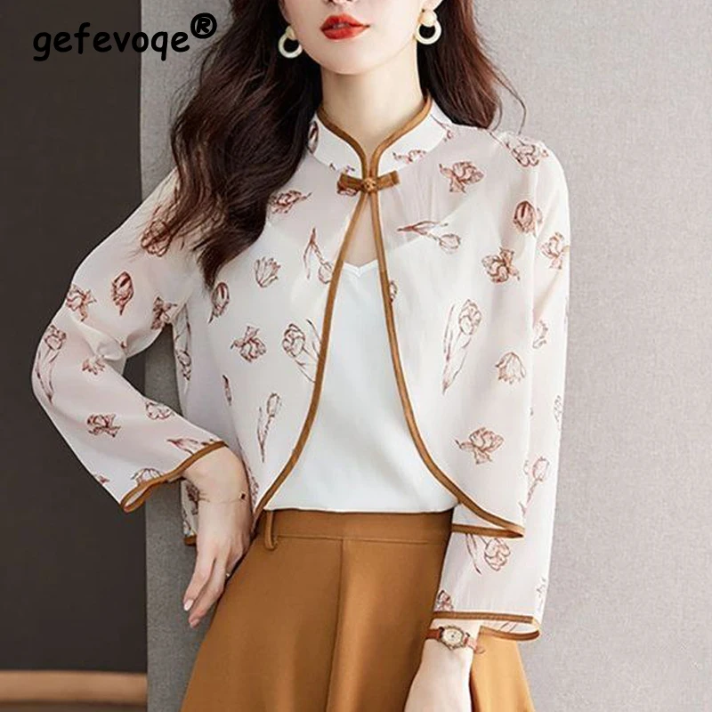 2024 Summer Women Vintage Chinese Style Cardigan Shirt Fashion Print Chiffon Sunscreen Shawl Elegant Chic Long Sleeve Loose Tops