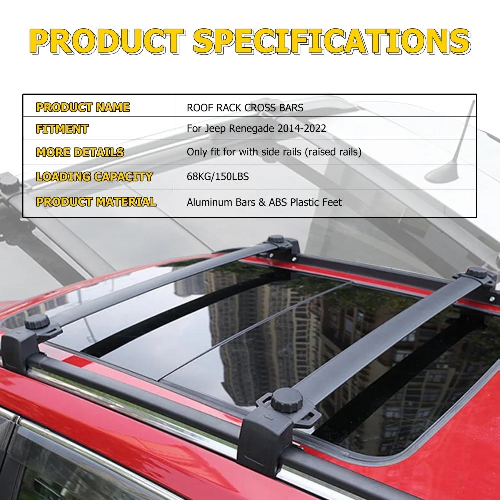 For Jeep Renegade 2015-2022 Roof Rack Cross Bars 68kg Load SUV Exterior Rooftop Luggage Kayak Cargo Hard-Shell Carrier Holder