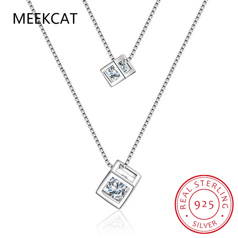 925 Sterling Silver Double Layer Square Box Simple Cube Crystal Necklace For Women choker Colar de Prata S-N194