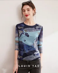 2024 Fashion Print Shirt Autumn Temperament Round Neck Slim Long Sleeve Women's T-shirt