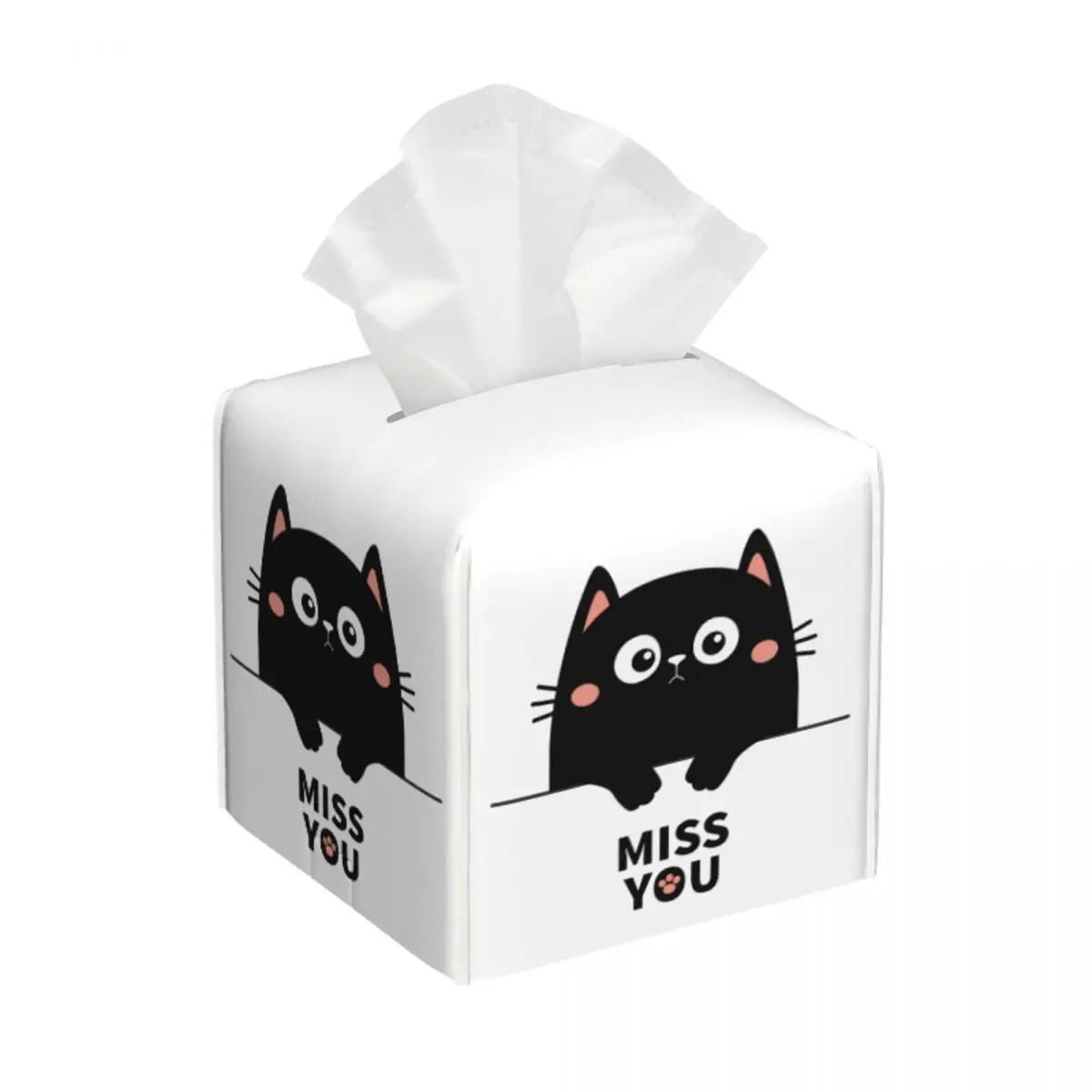 

Изготовленная на заказ коробка для салфеток с милым черным котом Miss You, квадратная крышка из искусственной кожи с рисунком котенка, держатель для салфеток для лица для ванной комнаты, дома