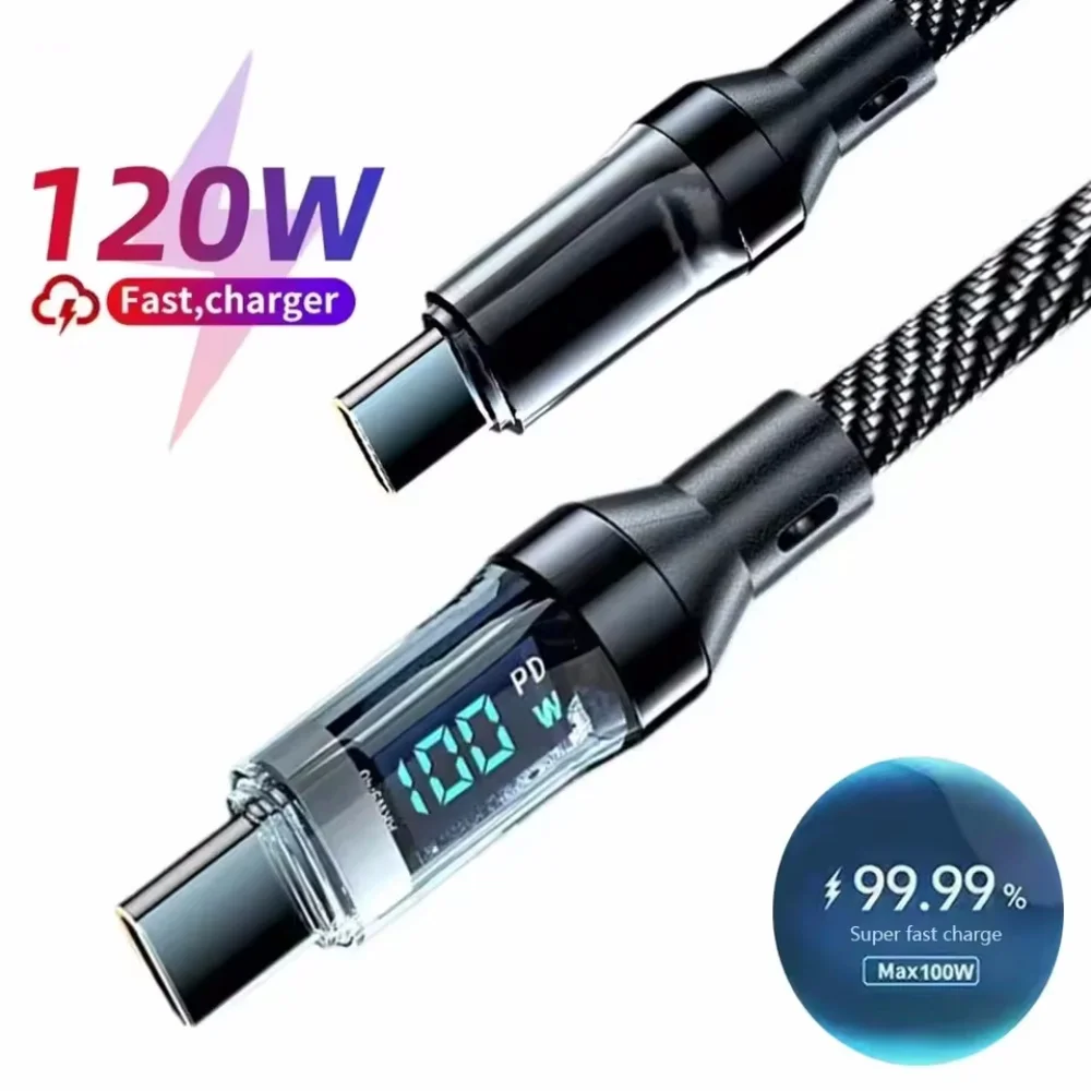 Ultra-Super Fast Charge Cable-6A 120W USB A To Type C Nylon Data Cord For Xiaomi Redmi Samsung With Led Digital Display Cable