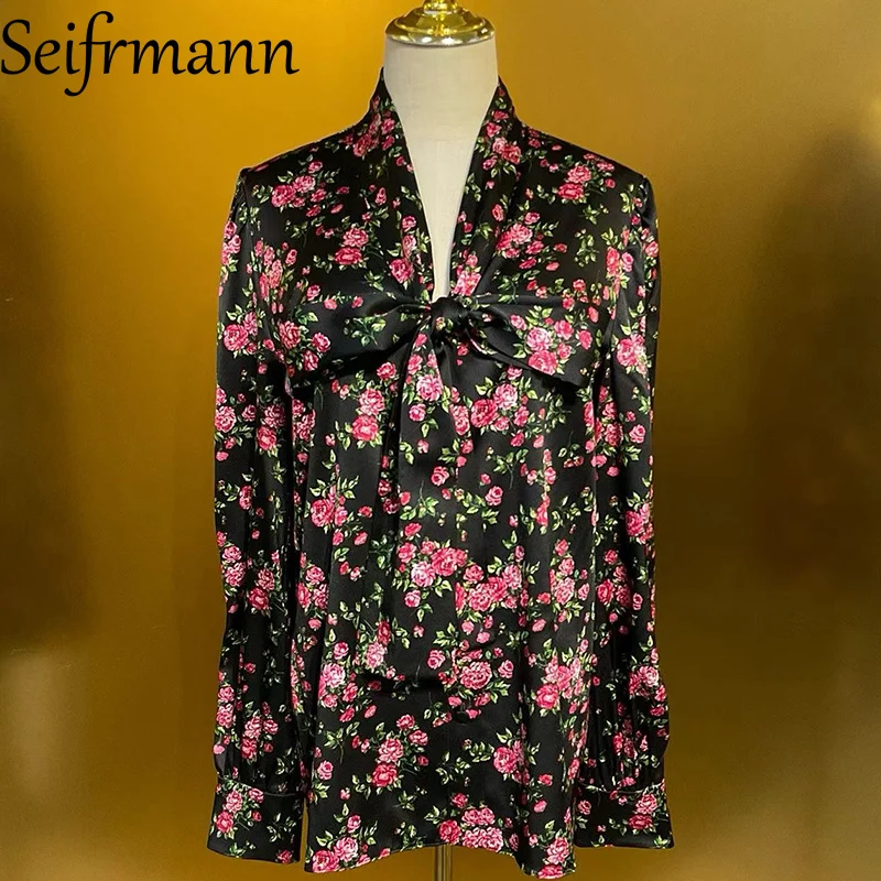 Seifrmann Fashion Design Women's Scarf Collar Bow Long Sleeved Loose Folds Print Silk Tops