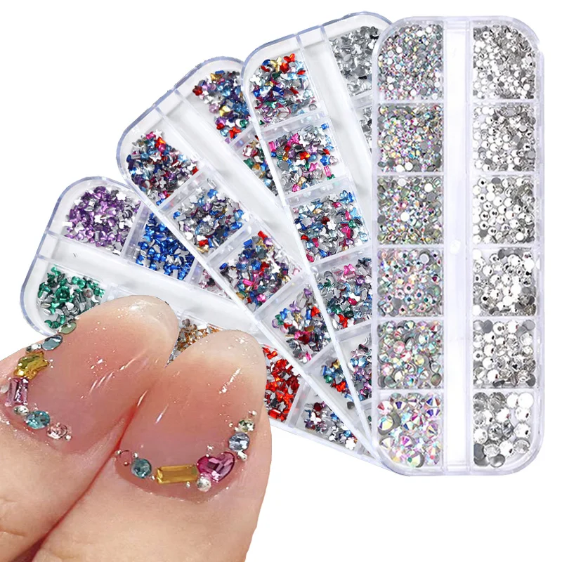 12Grids Mix 3D Nail Rhinestones Multi-Size Flat Back Decorative For Nail Art Mini Colorful Decorative DIY Nail Art Accessories