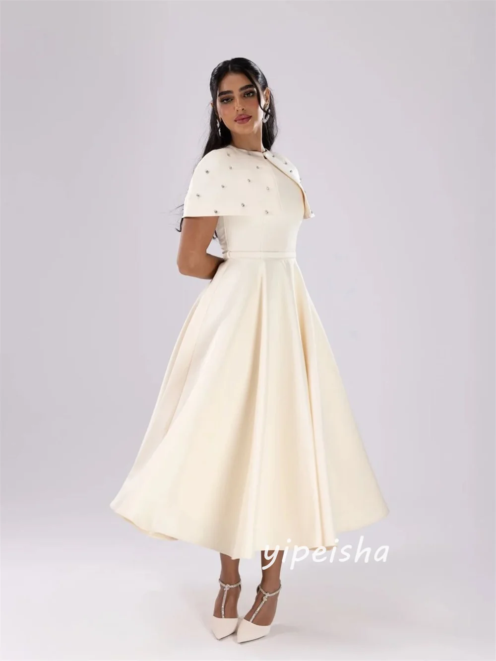 Customized Simple Exquisite Jersey Pleat Rhinestone A-line High Collar Ankle Length Evening Dresses Pastrol for Woman 2