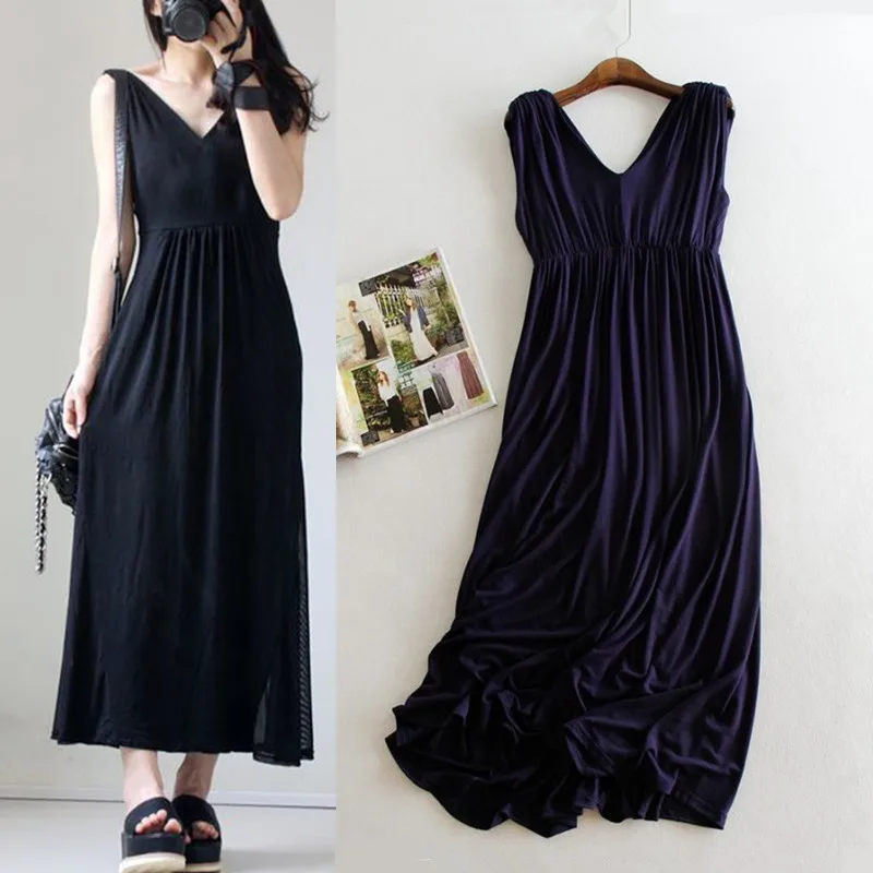 

2022 New Summer Long Large Hem Modal Dress Women Casual Loose V Neck Sleeveless Tank Dresses Ladies Maxi Pleated Dress Vestidos