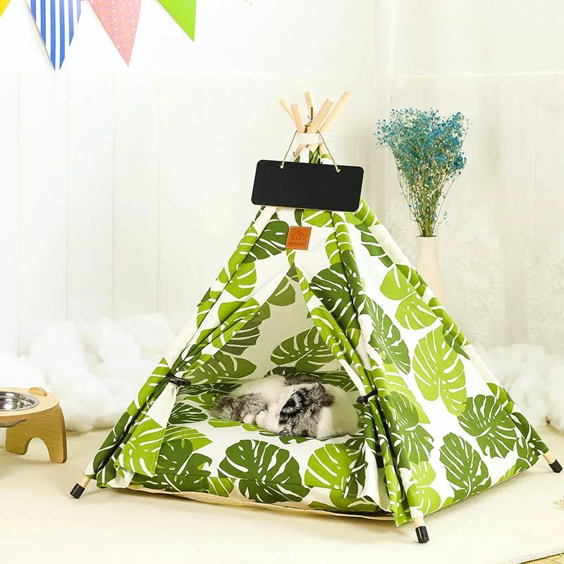 Dog Teepee, Cat Tent Teepee with Thick Cushion Blackboard, Washable Pet Tipi with Green Leaves Pattern Dog Bed Cat Tent House