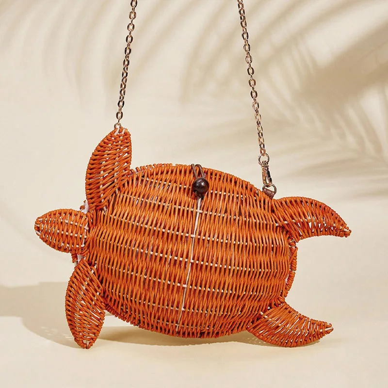 Sea Turtle Shaped Rattan Bag Wicker Woven Beach Bags for Women Shoulder Bag Bohemian Knitting Straw Bags Handmade Women Handbags