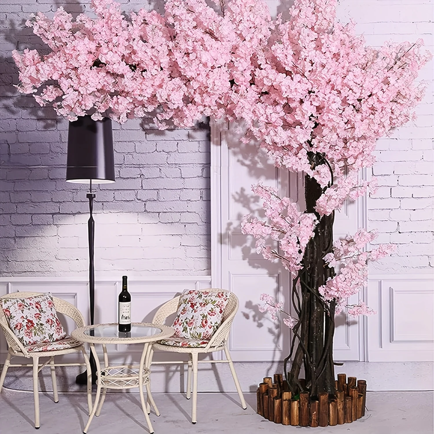 

Handmade Artificial Cherry Blossom Tree with White Trunk & Pink Flowers - Realistic Fake Tree with Green Foliage