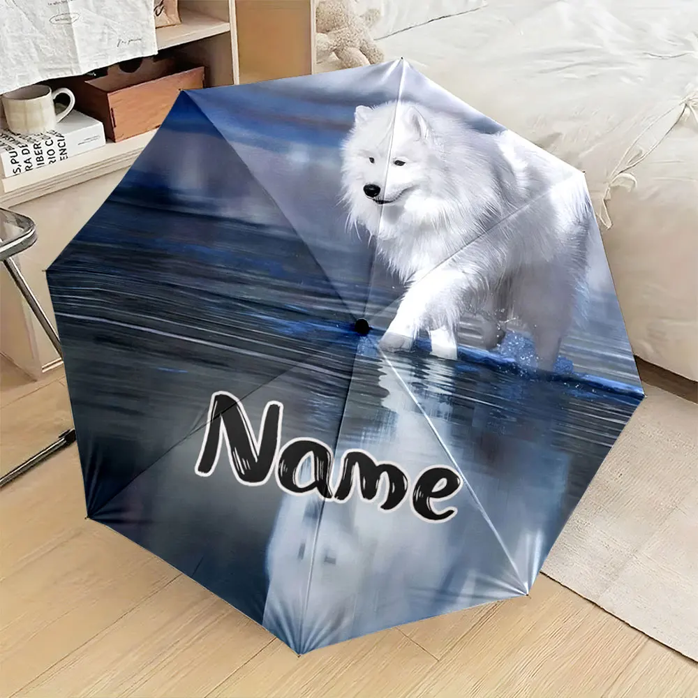 Custom Name Umbrella, "White Fluffy Dog Walking on Water Printed Umbrella Design" Folding Umbrella for Sunny and Rainy,Gift