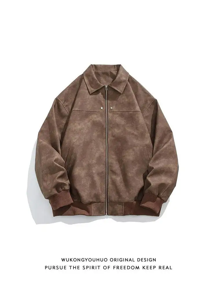 

Коричневый замшевый кожаный джерт в американском стиле ретро с откидным воротником, мужской элитный датчик для пар, молодежный длинный длинный длинный джерт Vitali Sle...