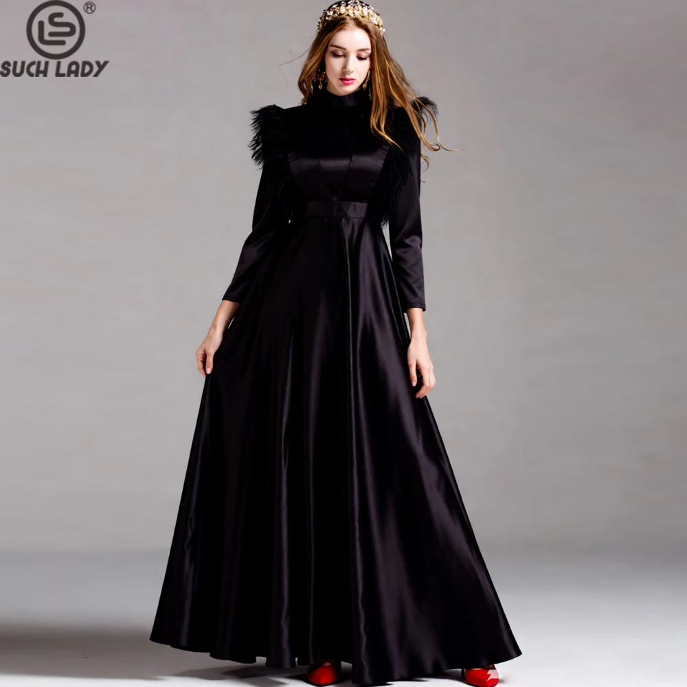 

Женское черное атласное платье макси, платье трапециевидной формы с высоким воротником и длинными рукавами, украшенное перьями на плечах, элегантное вечернее платье