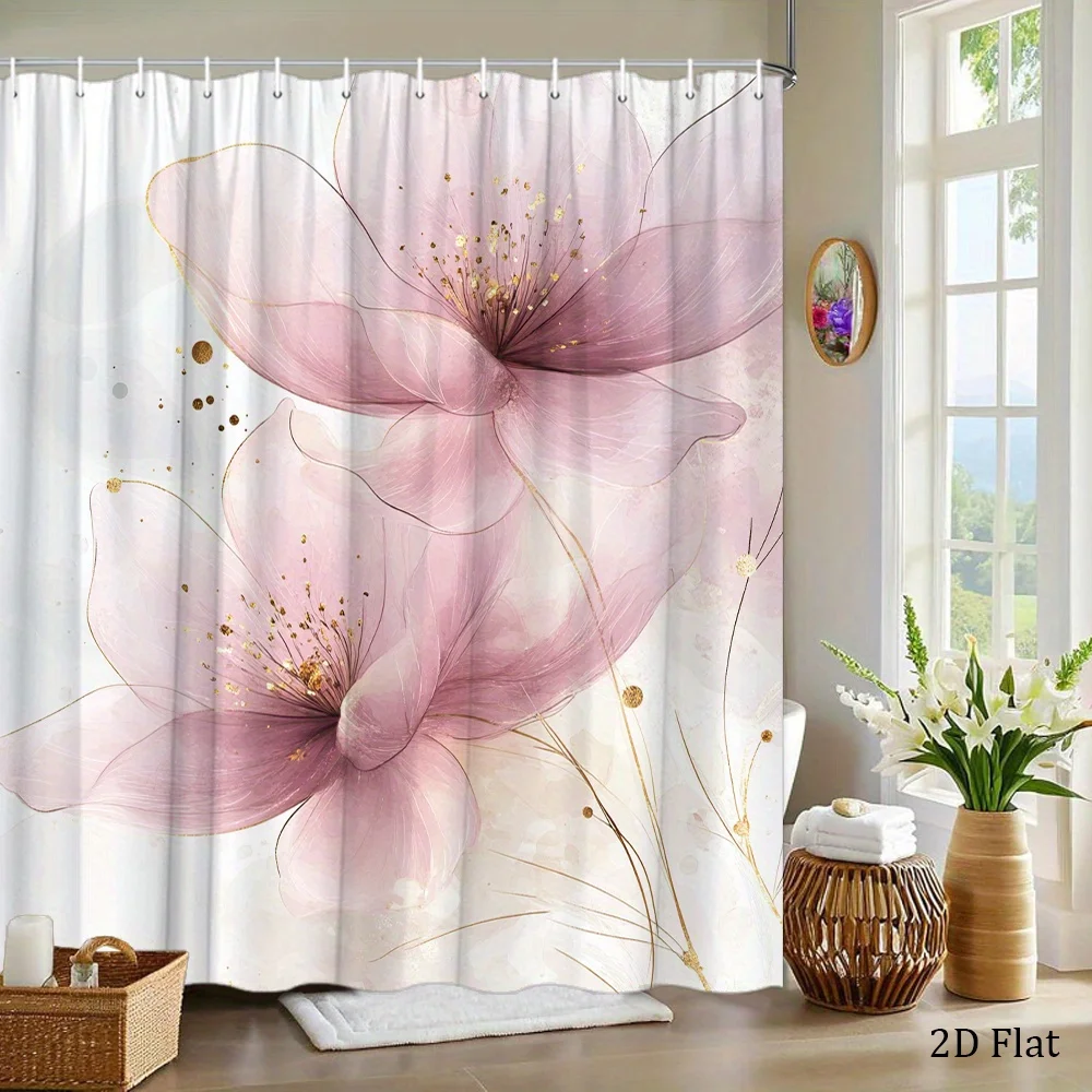1pc Cherry Blossoms Shower Curtain Two Delicate Pink Cherry Blossoms with Translucent Petals and Subtle Golden Stamens, Against