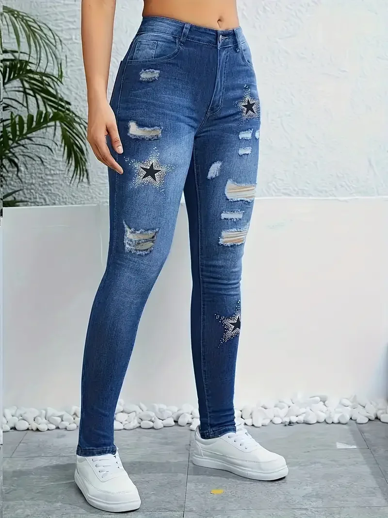 Star Pattern Printed Washed Hole Women\'s High Waisted Stretch Denim Skinny Trousers Fashionable Women\'s Denim Work Clothes