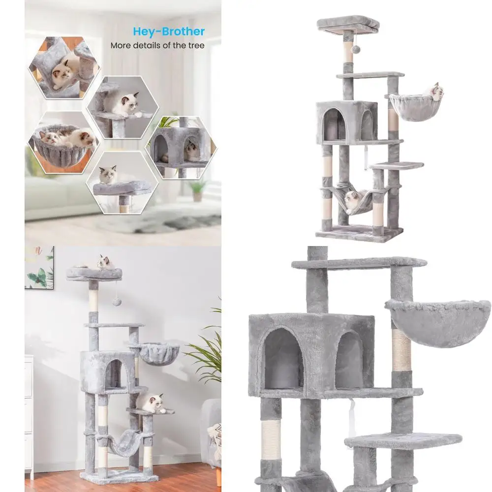 

Indoor Multi-Level Cat Tower with Large Hammock, Sisal Scratching Posts, and Top Perch, Light Gray