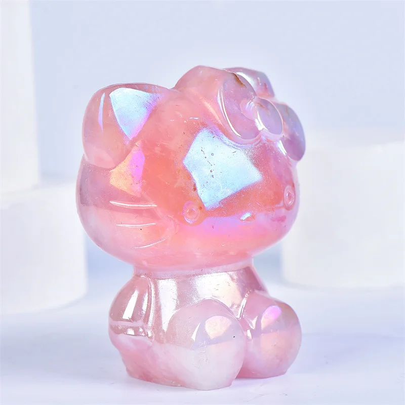 Natural Aura Rose Quartz Cartoon Cat Carving Healing Crystal Stone, Cute Birthday Present, Home Decoration, 8.5cm, 1Pc