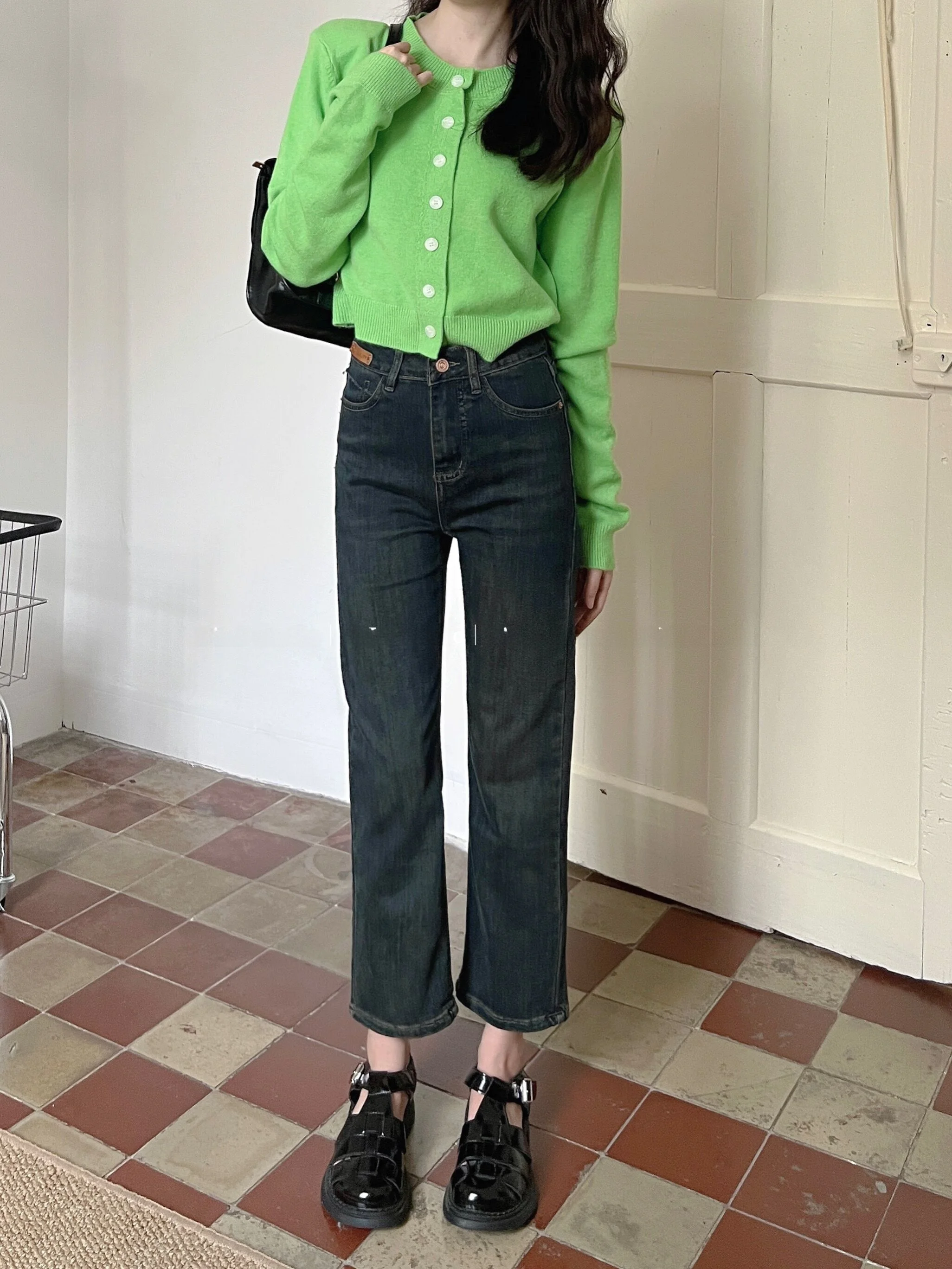 

High Waist Straight Leg Nine-Tenths Jeans Women's Deep Blue Spring Autumn New Sle Slimming Versatile Simple Long Pants