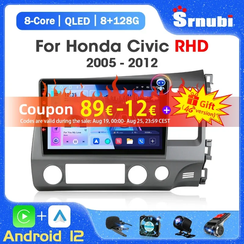 

Srnubi 2 Din Android 12 Car Radio for Honda Civic RHD 2005-2012 Multimedia Video Player 4G WIFI Navigation Carplay DVD Head Unit