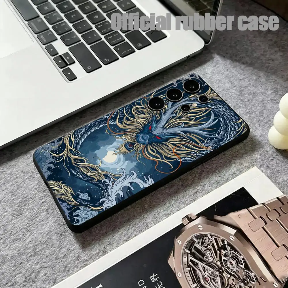 Art Dragon Fierce Waves Tiger Phone Case For Samsung Galaxy S26 S25 S24 S23 S22 S21 Plus Ultra Fold A Soft Black