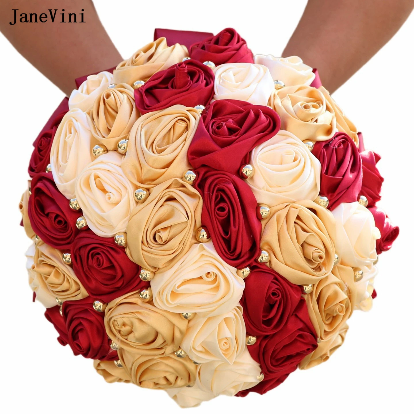 JaneVini-ramos de flores de marfil rosa claro para novia, perlas doradas, rosas artificiales de satén, ramo de boda de estilo coreano, elegante, 2024