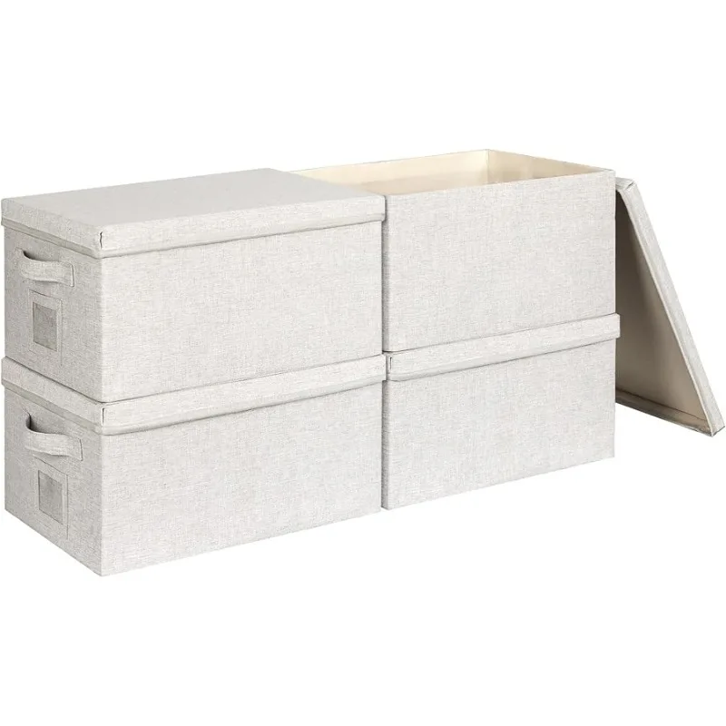 

Large 17''x12'' Quart Collapsible Stackable Storage Bins with Lids, 4 Packs Off White Fabric Closet Boxes with Lids, Storage Cub